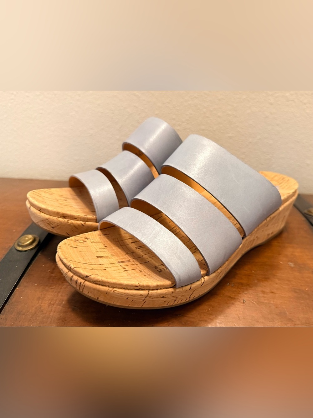 Kork-Ease Light Blue Triple-Strap Cork Slide Mules